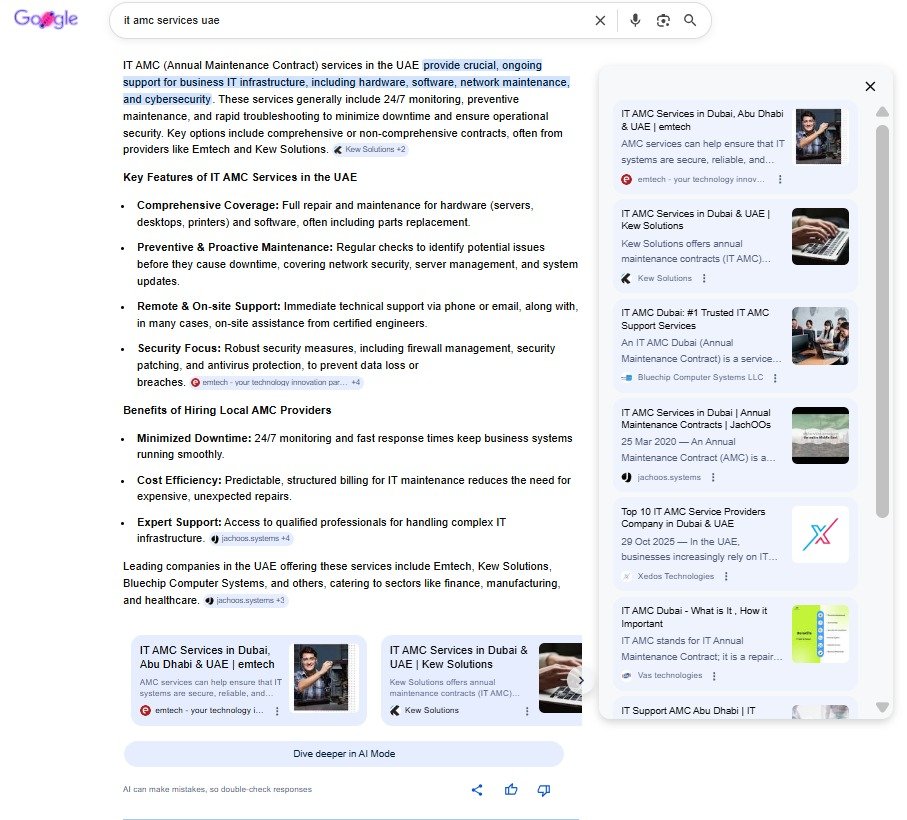 Google AI Mode screenshot showing Emtech visible for IT AMC services UAE
