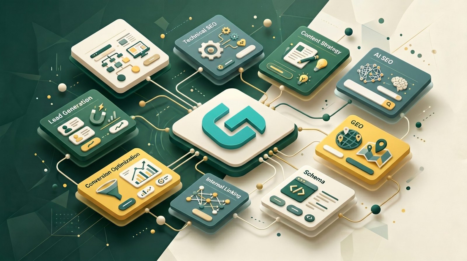 GrowingAI complete AI SEO system graphic showing Google SEO GEO LLM visibility technical SEO content strategy CRO and lead generation
