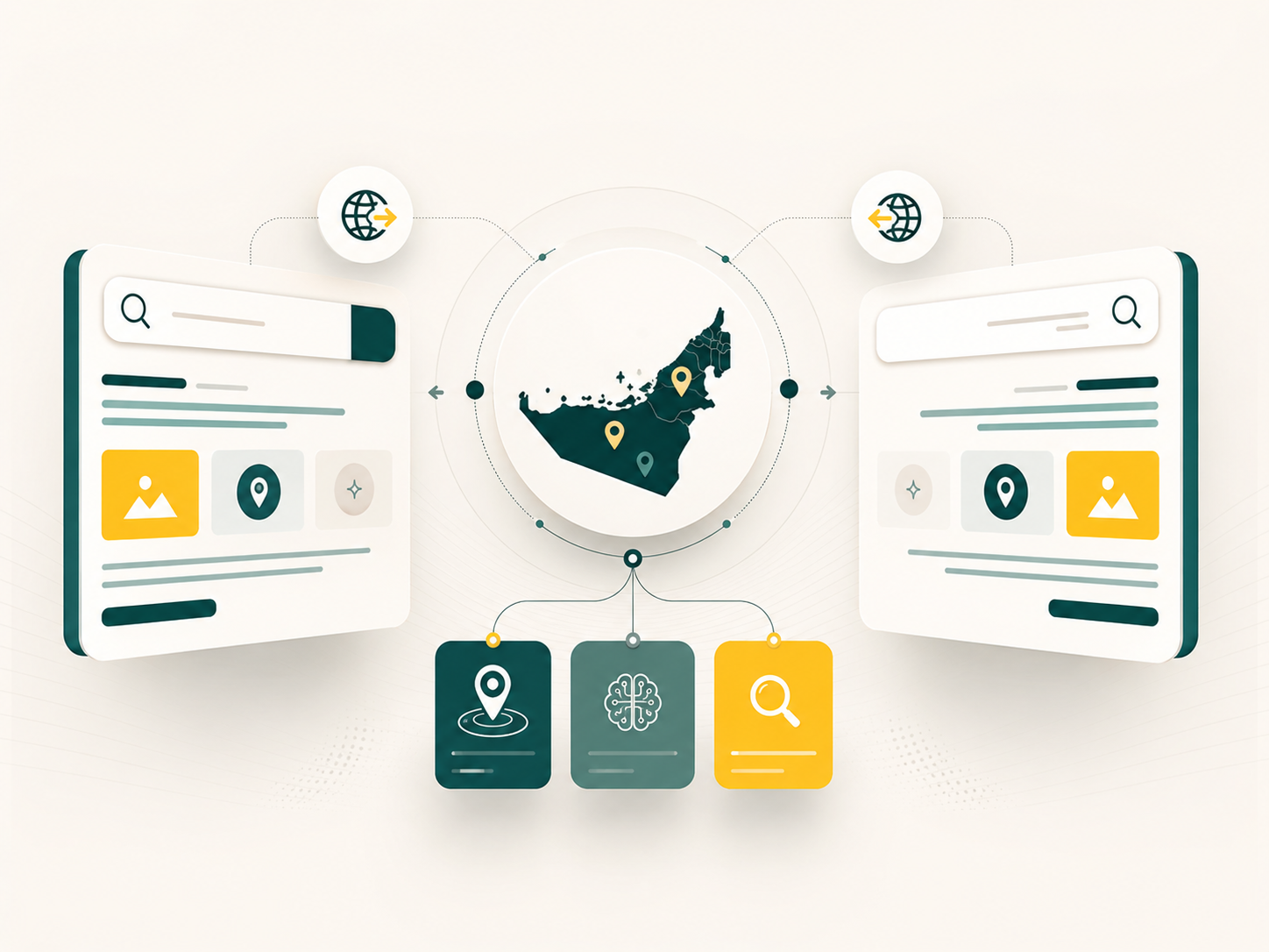 Bilingual English and Arabic search results shown side by side for a UAE business