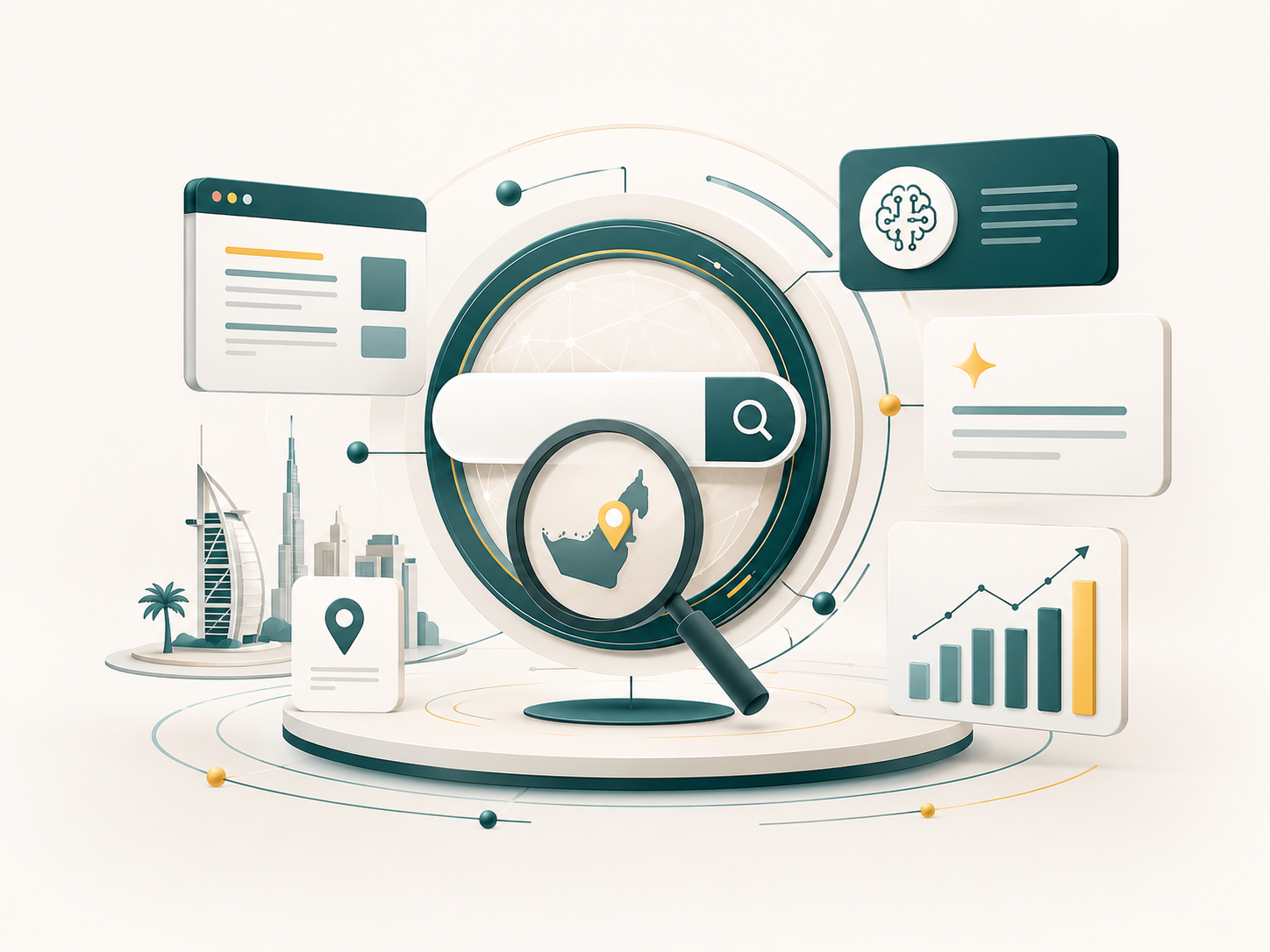 Business professional in Dubai reviewing AI search visibility results for a UAE company